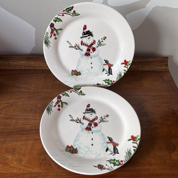 Pair of Pier 1 Winter Wonders Ironstone 9" Salad Plates Christmas Snowman Bird - Picture 1 of 8